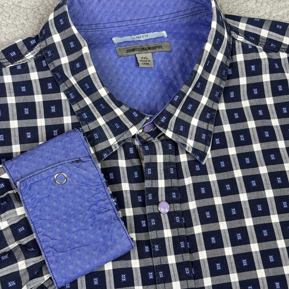 Johnston & Murphy Shirt Mens XXL Blue White Check Pearl Snap Flip‎ Cuff Slim Fit